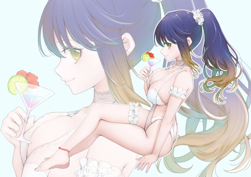 1girl alternate_costume alternate_hairstyle aqua_hair ass barefoot bikini blue_background breasts brown_hair closed_mouth collarbone commentary cup drink english_commentary food fruit full_body glass hair_ornament hair_scrunchie highres holding holding_cup indie_virtual_youtuber large_breasts lime_(fruit) lime_slice long_hair lua_asuka outline ponytail profile purple_hair saltylemontea scrunchie second-party_source sitting smile swimsuit virtual_youtuber white_bikini white_outline white_scrunchie yellow_eyes zoom_layer