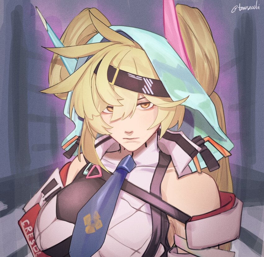 :| ai-chan_(honkai_impact) ai_hyperion_lambda ai_hyperion_lambda_(chrono_navi) bare_shoulders blue_necktie breasts closed_mouth cosplay detached_sleeves galo_thymos galo_thymos_(cosplay) green_hair hair_between_eyes highres honkai_(series) honkai_impact_3rd large_breasts long_hair necktie promare tomseachi twitter_username upper_body