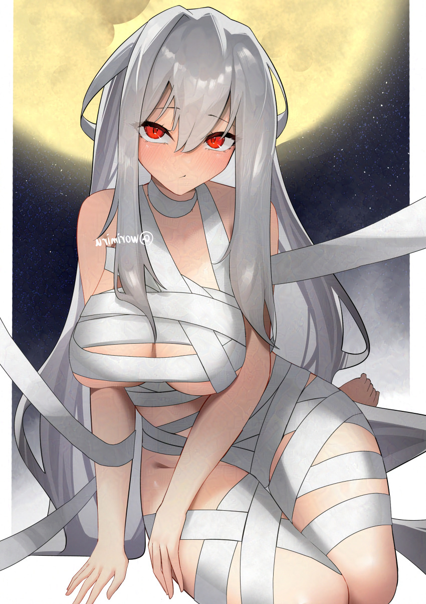 1girl absurdres arknights bandages bare_shoulders barefoot blush breasts cleavage closed_mouth full_moon grey_hair halloween highres large_breasts long_hair looking_at_viewer moon naked_bandage red_eyes sitting skadi_(arknights) sky solo star_(sky) starry_sky twitter_username very_long_hair worimehl