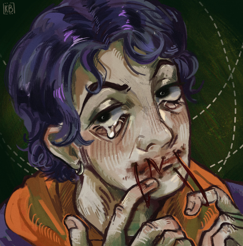 1boy bags_under_eyes black_eyes blood blood_on_mouth eyelashes fingernails furrowed_brow guro highres injury male_focus no_i&#039;m_not_a_human nose portrait purple_hair sanpaku short_hair sketch small-karamboll smile_lines solo stitched_mouth stitches tears upper_body wireface_(no_i&#039;m_not_a_human)