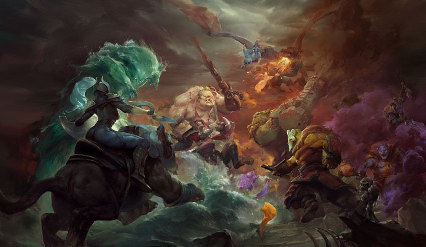 1girl 2others 4boys armor boots crowgod dota_(series) dota_2 dragon earthshaker highres holding holding_weapon jakiro_(dota) juggernaut_(dota) lion_(dota_2) luna_(dota) mask morphling_(dota_2) multiple_boys multiple_others nova_(dota) pudge_(dota_2) riki_(dota) saddle skeleton staff standing water weapon