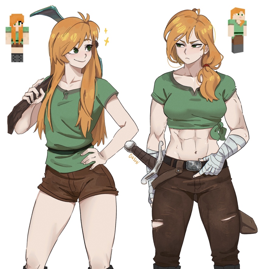 abs alex_(minecraft) artist_name belt box_body breasts brown_pants commentary dashi_(dashiart) dual_persona green_eyes green_shirt highres holding holding_pickaxe long_hair midriff minecraft multiple_views orange_hair pants pickaxe shirt short_sleeves simple_background sword weapon white_background