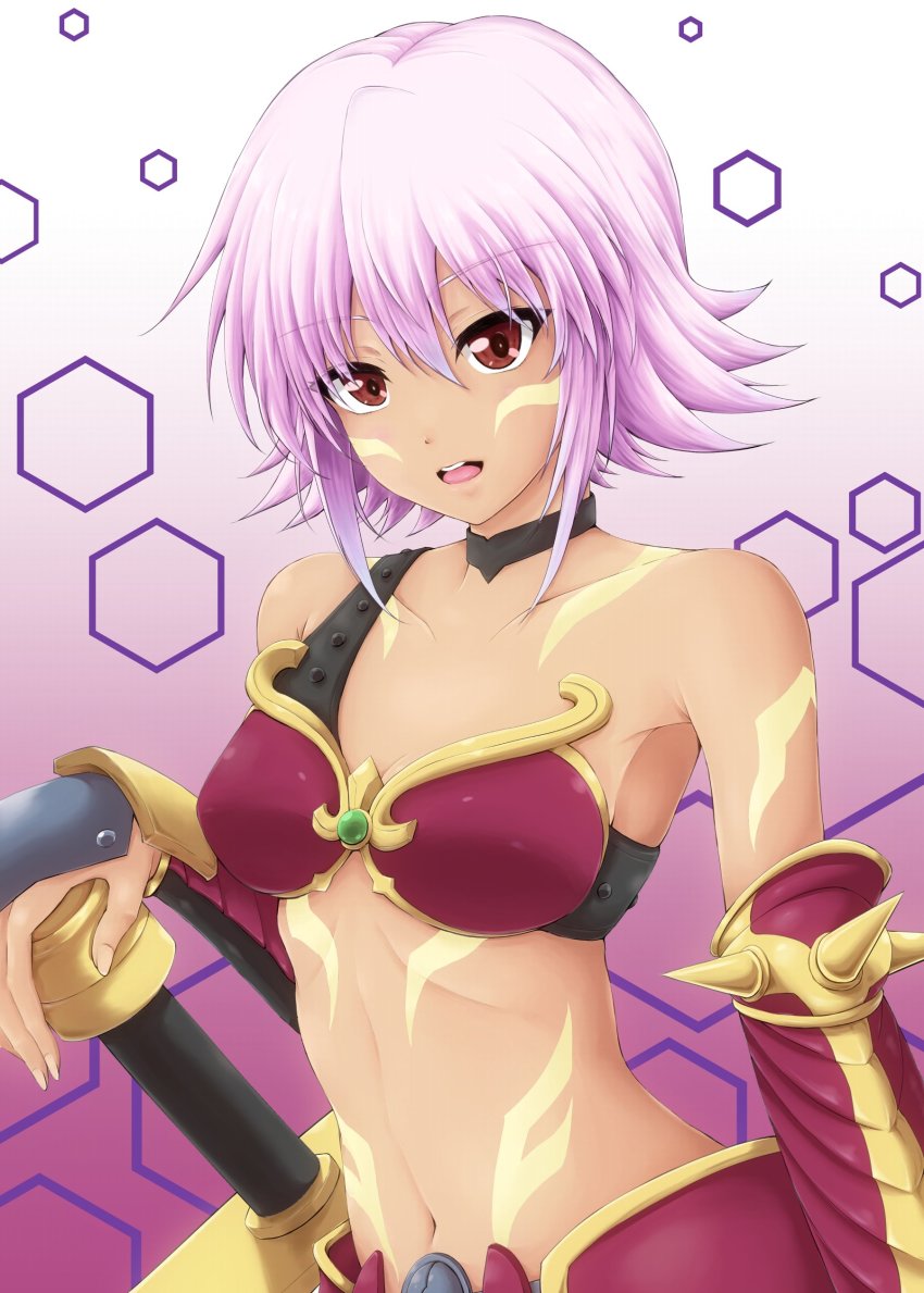 .hack// .hack//games 1girl absurdres armor bare_shoulders bikini_armor black_choker black_rose_(.hack//) breasts choker cleavage collarbone commentary_request cowboy_shot dark-skinned_female dark_skin facial_mark gradient_background hair_between_eyes hand_on_hilt highres looking_at_viewer medium_breasts midriff navel nikumen_(maximum_nikumen) open_mouth pink_background pink_hair red_armor red_eyes short_hair sidelocks solo standing sword tattoo teeth upper_teeth_only vambraces weapon