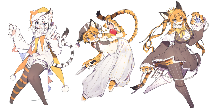 3girls absurdres animal_ear_fluff animal_hands apple armlet blue_eyes body_fur bow bowtie brown_dress brown_thighhighs claws clothing_cutout commentary_request crown dress food frilled_dress frilled_sleeves frills fruit full_body furry furry_female grin hat highres holding holding_knife index_finger_raised jester jester_cap jewelry kaganoi_(nemi_ze) knife long_hair looking_at_viewer medium_hair mini_crown multiple_girls neck_ruff orange_fur orange_hair original panties puffy_pants sharp_teeth short_hair shoulder_cutout simple_background smile string_of_flags striped_clothes striped_hair striped_thighhighs tail tape_measure teeth thighhighs tiger_girl twintails underwear very_long_hair whiskers white_background white_fur white_hair white_panties yellow_bow yellow_bowtie