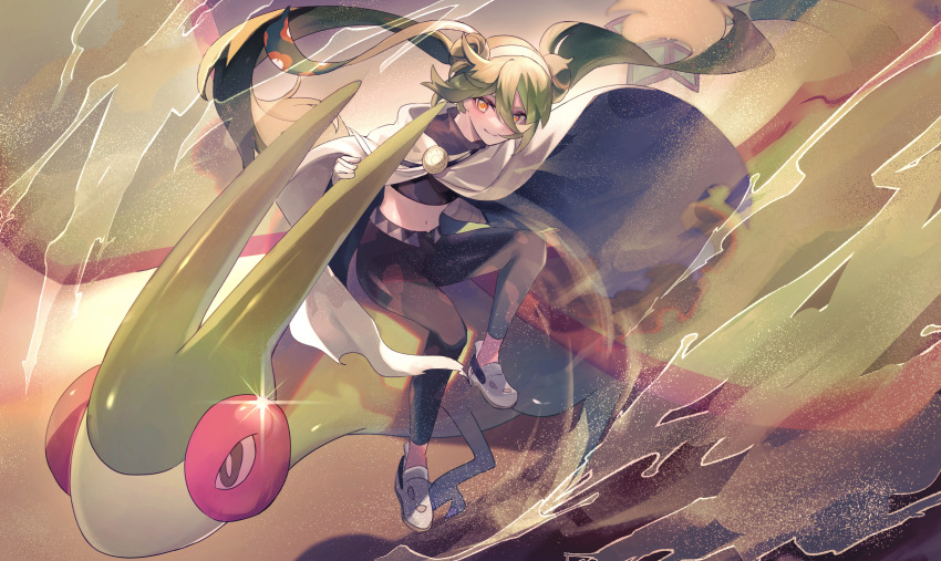 1girl bandaged_arm bandages brown_cape cape commentary crop_top double_bun dragon flygon game_freak gen_3_pokemon gloves green_hair ground_miku_(project_voltage) hair_between_eyes hair_bun hatsune_miku highres long_hair midriff mipi nintendo orange_eyes pants pokemon pokemon_(creature) project_voltage sand sandstorm smile twintails very_long_hair vocaloid white_gloves