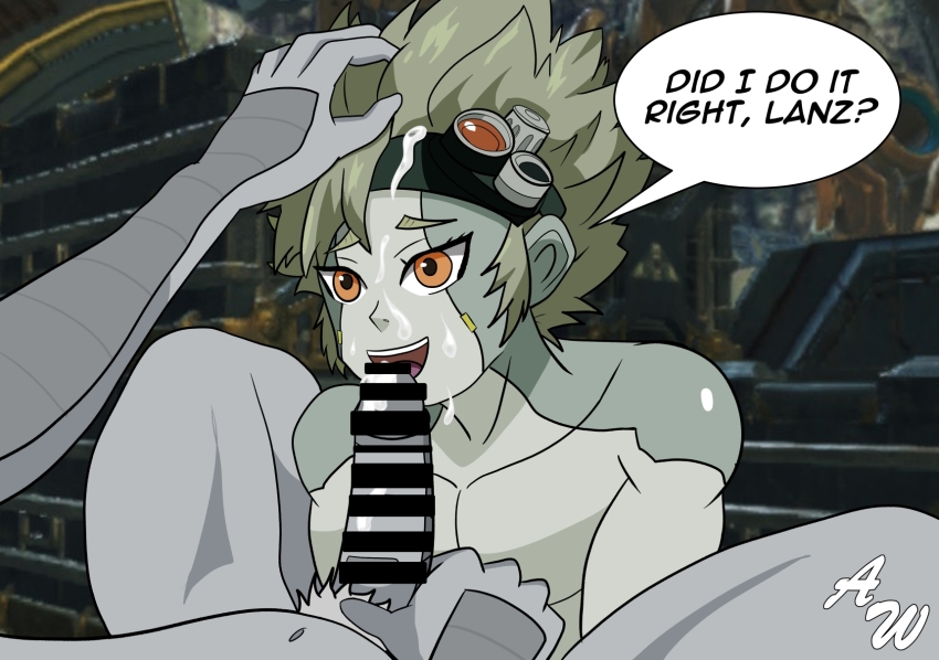 2boys bar_censor censored colored_skin completely_nude cum cum_on_body english_text erection facial fellatio grey_hair grey_skin hand_on_another&#039;s_head highres lanz_(xenoblade) male_focus male_pubic_hair multiple_boys nude oral orange_eyes penis pubic_hair speech_bubble valdi_(xenoblade) xenoblade_chronicles_(series) xenoblade_chronicles_3 yaoi