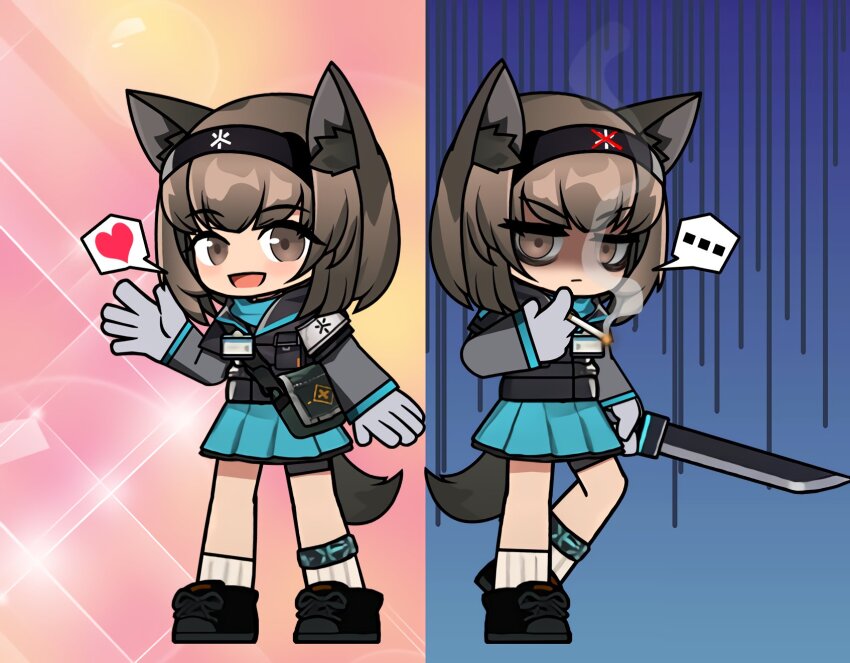 ... 1girl animal_ear_fluff animal_ears arknights bags_under_eyes before_and_after black_hairband cat_ears cat_girl cat_tail hairband heart highres holding holding_knife infection_monitor_(arknights) knife rhodes_island_medic_(arknights) shoes smoking socks speech_bubble tail the_mad_mimic white_socks