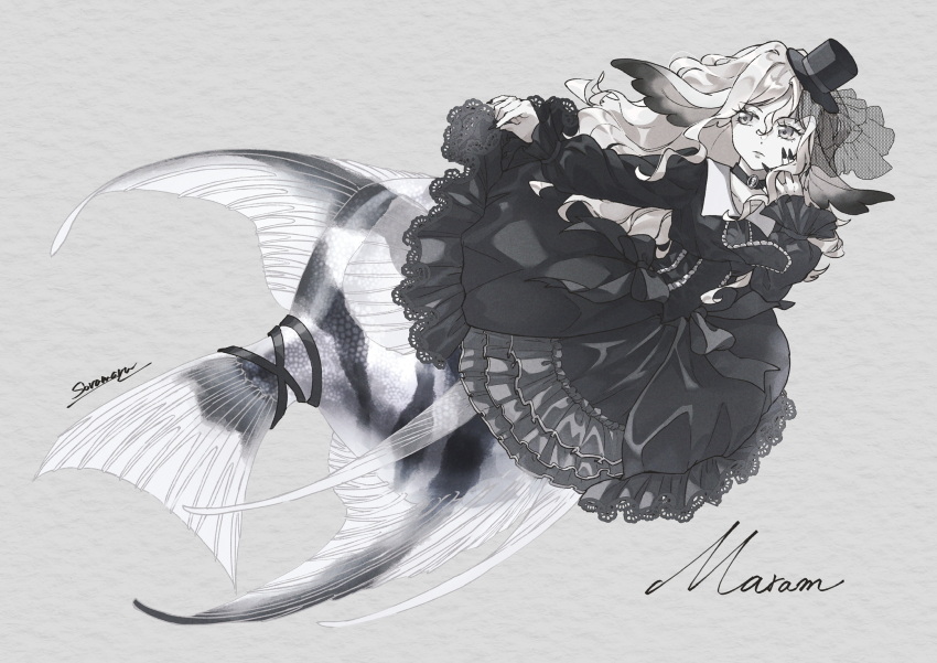 1girl black_bow black_choker black_dress black_nails black_veil bow character_name choker clothes_lift commission dress english_text fins frilled_dress frills gothic_lolita grey_eyes hat head_fins highres lace lolita_fashion long_hair looking_to_the_side mermaid mini_hat mini_top_hat monster_girl nail_polish original paper_texture see-through_clothes see-through_veil signature skirt skirt_lift solo soramaru_ell tail_belt top_hat veil vgen_commission white_hair