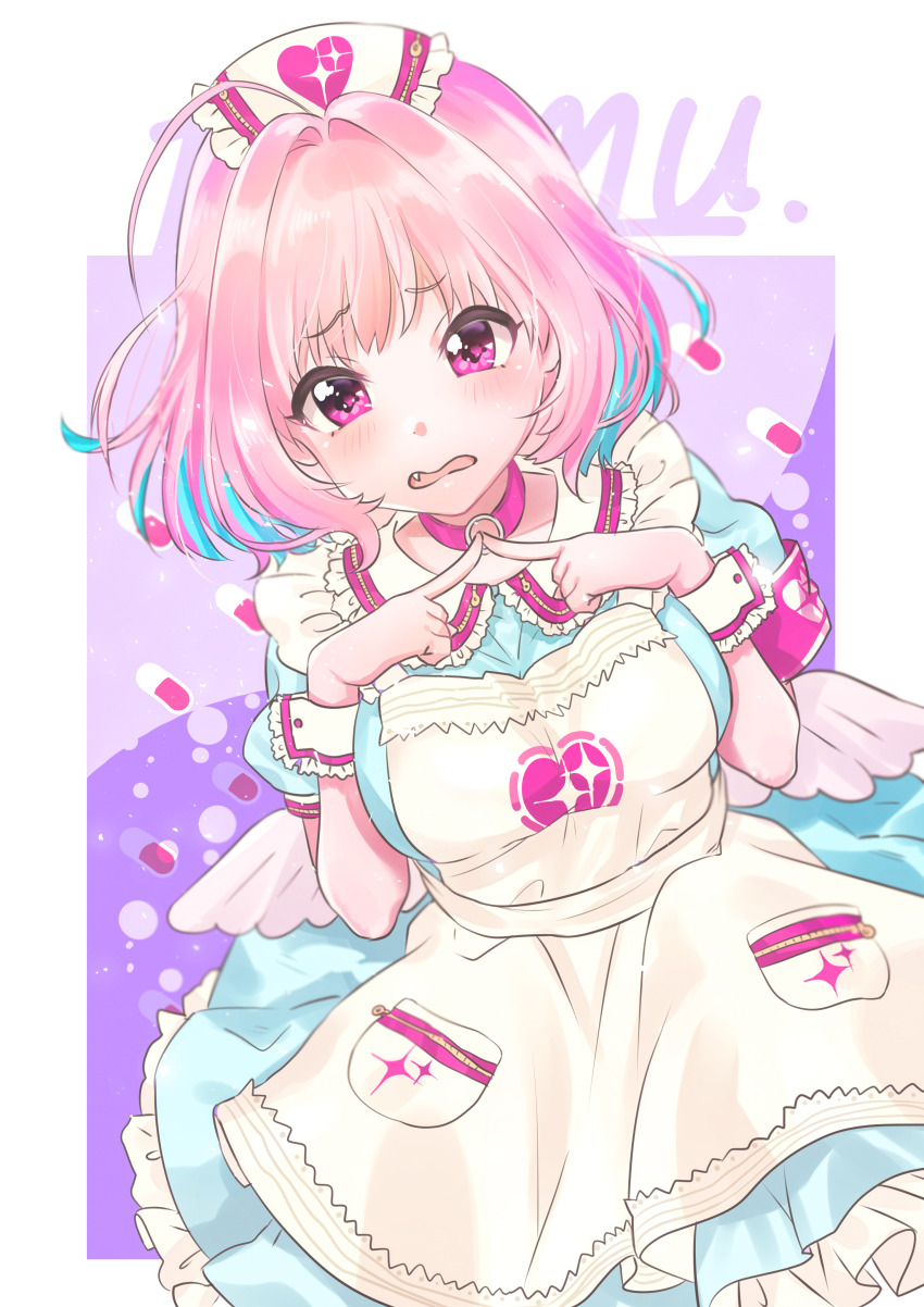 1girl absurdres ahoge angel_wings apron blue_hair blush breasts choker commentary dress fake_wings fang frilled_apron frills hachako hair_intakes hands_up hat heart heart_print highres idolmaster idolmaster_cinderella_girls idolmaster_cinderella_girls_starlight_stage index_fingers_together looking_at_viewer medium_breasts medium_hair multicolored_hair nurse_cap o-ring o-ring_choker official_alternate_costume open_mouth pill_background pink_choker pink_eyes pink_hair puffy_short_sleeves puffy_sleeves purple_background raised_eyebrows short_sleeves solo sparkle_print two-tone_hair white_apron wings yumemi_riamu zipper zipper_pull_tab