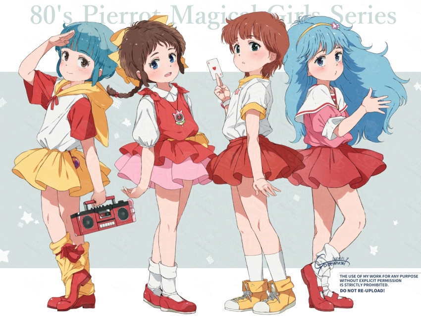 4girls ace_(playing_card) ace_of_hearts arm_up between_fingers blue_eyes blue_hair blush boombox bow braid brown_hair card closed_mouth collared_shirt commentary_request dated english_text gomennasai green_eyes grey_background grey_eyes hair_bow hair_ornament hairband hanazono_yumi heart holding holding_card hood hood_down hoodie kazuki_mai long_hair looking_at_viewer mahou_no_idol_pastel_yumi mahou_no_star_magical_emi mahou_no_tenshi_creamy_mami mahou_no_yousei_persia morisawa_yuu multiple_girls open_mouth parted_lips persia_(mahou_no_yousei_persia) pink_shirt pink_skirt playing_card pleated_skirt puckered_lips puffy_short_sleeves puffy_sleeves red_footwear red_skirt red_vest salute shirt shoes short_sleeves signature single_braid skirt smile socks standing standing_on_one_leg star_(symbol) star_hair_ornament teeth tiptoes two-tone_background upper_teeth_only very_long_hair vest watermark white_background white_hoodie white_shirt white_socks yellow_bow yellow_hairband yellow_shoes yellow_skirt yellow_socks
