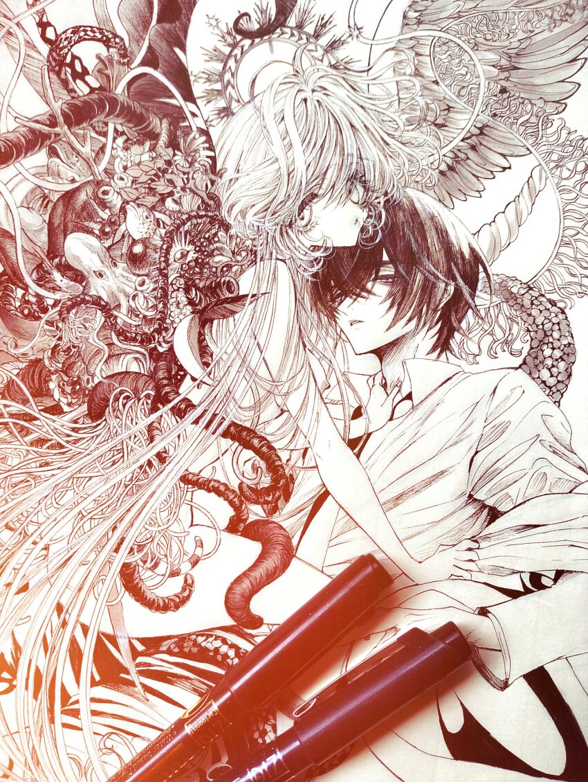 1boy 1girl art_tools_in_frame ass asymmetrical_wings aya_carmine body_horror breasts clothed_male_nude_female commentary_request expressionless feathered_wings flower_wings formal_clothes girl_on_top greyscale hetero highres hitomi_hirosuke_(sayonara_wo_oshiete) jacket leaf_wings long_hair looking_at_viewer mismatched_wings monochrome necktie nipples nude off_shoulder open_clothes open_jacket parted_lips photo_(medium) plant_wings sayonara_wo_oshiete small_breasts straddling suction_cups sugamo_mutsuki suit tendril tentacles traditional_media very_long_hair wings