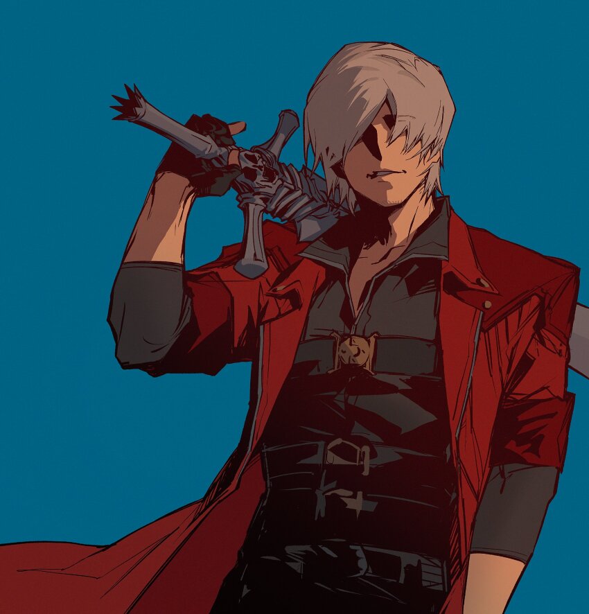 1boy blue_background capcom coat dante_(devil_may_cry) devil_may_cry devil_may_cry_(series) devil_may_cry_4 fingerless_gloves gloves hair_over_eyes highres over_shoulder rebellion_(sword) red_coat short_hair simple_background sword sword_over_shoulder weapon weapon_over_shoulder white_hair zmlskr