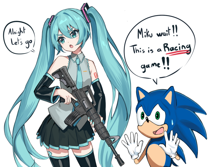 1boy 1girl animal_ears animal_nose aqua_eyes aqua_hair aqua_necktie bib_(bibboss39) black_boots blue_fur boots commentary cowboy_shot english_commentary english_text fortnite furry furry_male gloves green_eyes grey_shirt gun hatsune_miku hedgehog_boy holding holding_weapon looking_at_another necktie rifle shirt sleeveless sleeveless_shirt sonic_(series) sonic_racing:_crossworlds sonic_the_hedgehog speech_bubble standing thigh_boots trigger_discipline twintails v-shaped_eyebrows vocaloid weapon white_background white_gloves