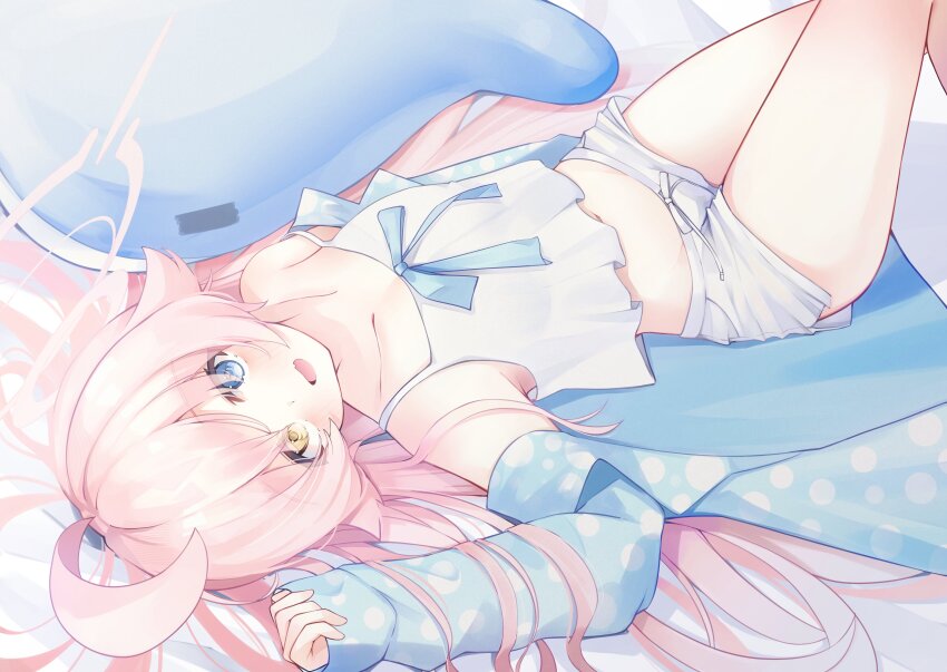 1girl absurdres ahoge alternate_costume aqua_bow aqua_jacket blue_archive blue_eyes blue_ribbon blush bow camisole collarbone dot_nose eyes_visible_through_hair fang flat_chest hair_over_shoulder halo heterochromia highres hoshino_(blue_archive) hoshino_(swimsuit)_(blue_archive) huge_ahoge inflatable_toy inflatable_whale jacket knees_up loli long_hair long_sleeves looking_at_viewer looking_to_the_side lying navel nekoratte off_shoulder open_clothes open_jacket open_mouth pink_hair pink_halo polka_dot polka_dot_jacket ribbon shirt_ribbon short_shorts shorts skin_fang sleeves_past_wrists smile solo strap_slip thighs tilted_halo turning_head very_long_hair white_camisole white_shorts yellow_eyes