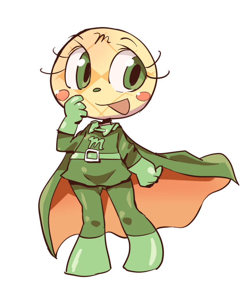 1girl anpanman blush blush_stickers bodysuit boots bread cape facial_mark food forehead_mark gloves green_bodysuit green_boots green_cape green_eyes green_gloves green_skirt green_theme highres k-nattoh looking_to_the_side melon_bread melonpanna open_mouth orange_cape skirt smile standing superhero_costume two-sided_cape two-sided_fabric two-tone_cape white_background
