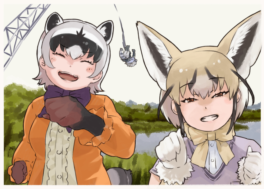 3girls animal_ears black_gloves blonde_hair blush bow bowtie center_frills closed_eyes commentary_request common_raccoon_(kemono_friends) crab-eating_raccoon_(kemono_friends) elbow_gloves extra_ears fox_ears fox_girl fox_tail frilled_sleeves frills fur_trim gloves grey_gloves grey_hair highres kemono_friends long_sleeves multiple_girls orange_shirt pink_sweater raccoon_ears raccoon_girl raccoon_tail rueppell&#039;s_fox_(kemono_friends) shirt short_sleeves sweater tail toriny white_fur white_gloves white_hair white_shirt yellow_bow yellow_bowtie