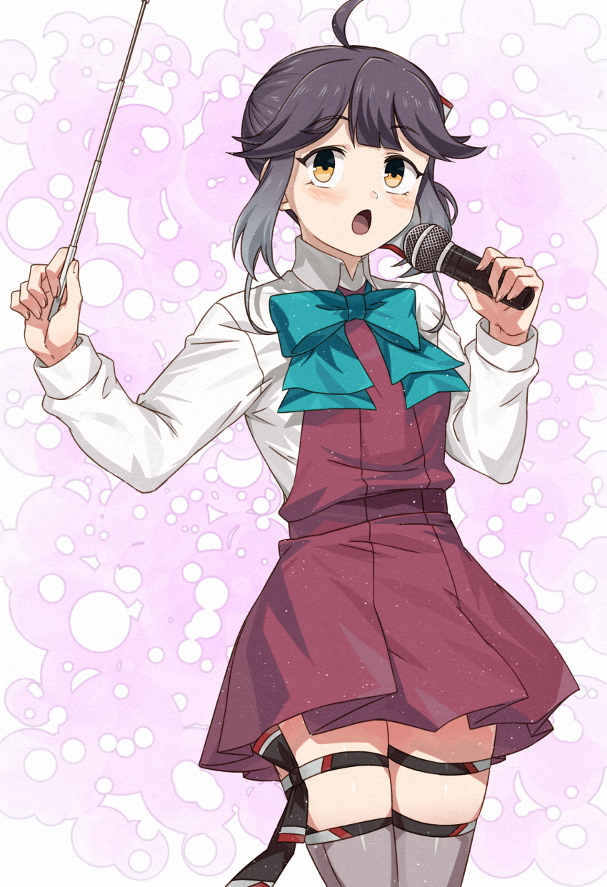 1girl blue_bow blue_bowtie blush bow bowtie collared_shirt commission dress grey_thighhighs hair_ribbon hayanami_(kancolle) highres holding holding_microphone kanmiya_shinobu kantai_collection long_sleeves microphone multicolored_hair open_mouth orange_eyes purple_dress purple_hair ribbon shirt side_ponytail simple_background skeb_commission solo thigh_strap thighhighs white_shirt