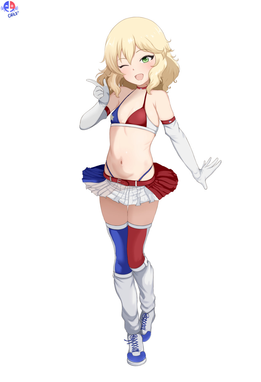 1girl ;d absurdres bare_shoulders bikini blonde_hair blush boots breasts chile chilean_flag chilean_flag_bikini choker collarbone elbow_gloves female_focus flag_print_bikini full_body gloves green_eyes hair_between_eyes highres idolmaster idolmaster_cinderella_girls idolmaster_cinderella_girls_u149 long_glove looking_at_viewer medium_hair microskirt midriff miniskirt mrhunking navel one_eye_closed open_mouth pleated_skirt pointing sakurai_momoka simple_background skirt small_breasts smile solo standing standing_on_one_leg stomach swimsuit thighhighs white_background white_gloves zettai_ryouiki
