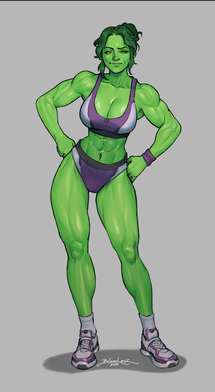 1girl abs absurdres alternate_hairstyle artist_request bare_arms bare_legs bare_shoulders blanclauz blush breasts colored_skin curvy full_body green_eyes green_hair green_skin hands_on_own_hips highres large_breasts lips long_hair looking_at_viewer marvel muscular muscular_female ponytail she-hulk shiny_skin shoes simple_background skin_tight smile sneakers solo sports_bikini standing superhero_costume two_side_up wide_hips