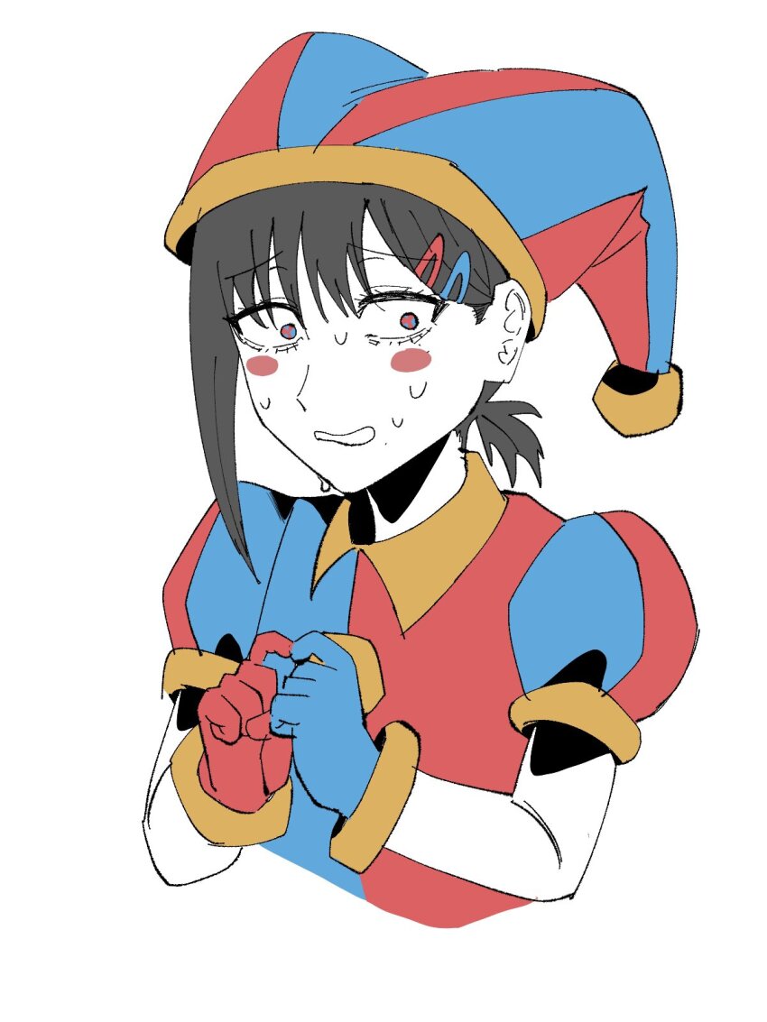 1girl asymmetrical_gloves black_hair blue_eyes blue_gloves blue_hat blush_stickers chainsaw_man cosplay gloves hair_ornament hairclip hat hat_bell higashiyama_kobeni highres jester jester_cap jester_costume multicolored_eyes multicolored_hat nervous nervous_sweating pomni_(the_amazing_digital_circus) pomni_(the_amazing_digital_circus)_(cosplay) ponytail puffy_sleeves red_eyes red_gloves red_hat short_hair short_ponytail simple_background single_sidelock solo striped_clothes striped_headwear sweat teeth the_amazing_digital_circus two-tone_eyes upper_body vertical-striped_bodysuit vertical-striped_clothes vertical-striped_headwear white_background y7u7e7