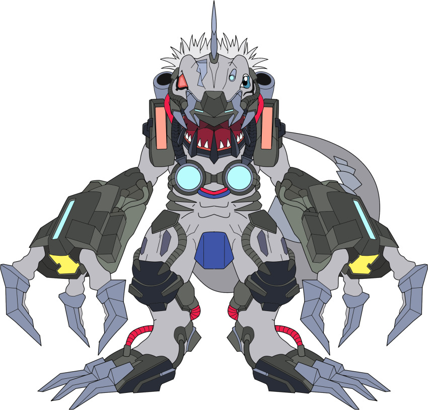armor cyborg digimon digimon_(creature) highres looking_at_viewer metaltyranomon metaltyranomon_x-antibody sharp_teeth solo teeth transparent_background tyrannosaurus_rex