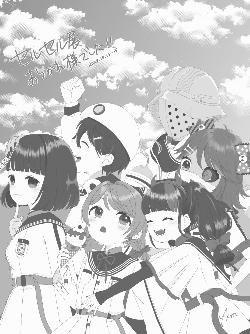 2boys 4girls :d @_@ absurdres android_jinzou arm_up blush bone_hair_ornament bow braid character_request check_character clenched_hand cloud dated eyeball_hair_ornament hair_bow hair_ornament hat helmet highres holding holding_ice_cream_cone ice_cream_cone index_finger_raised indie_virtual_youtuber kiyashiki_zonzon long_hair multicolored_hair multiple_boys multiple_girls open_mouth outdoors ponytail raito_eisel saeki_yahiro satellite_right school_uniform serafuku shigarami_juju smile stitched_face stitches streaked_hair talisman twin_braids twintails virtual_youtuber ykm_daifuku205