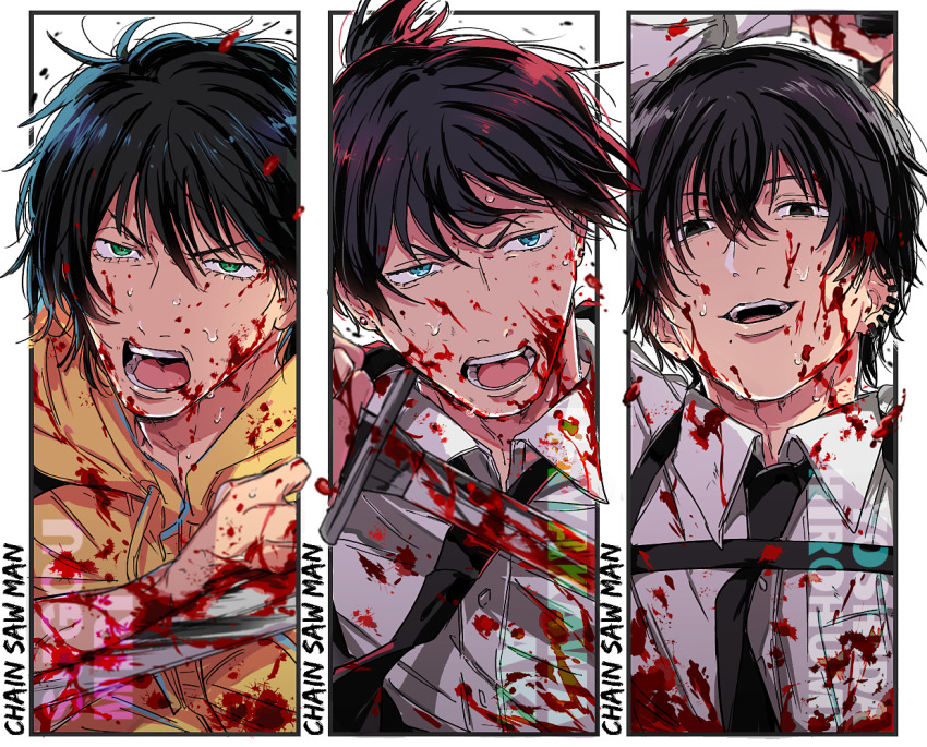 3boys black_eyes black_hair black_necktie blood blood_on_arm blood_on_clothes blood_on_face bloody_weapon blue_eyes chainsaw_man collared_shirt ear_piercing eyelashes formal_clothes green_eyes hair_between_eyes hayakawa_aki holding hood hoodie looking_at_viewer looking_to_the_side male_focus mole mole_under_mouth multiple_boys necktie open_mouth outside_border piercing shiomiya_(moshimoshi102) shirt short_hair simple_background smile sugo_miri suit sword teeth tongue topknot weapon white_shirt yoshida_hirofumi