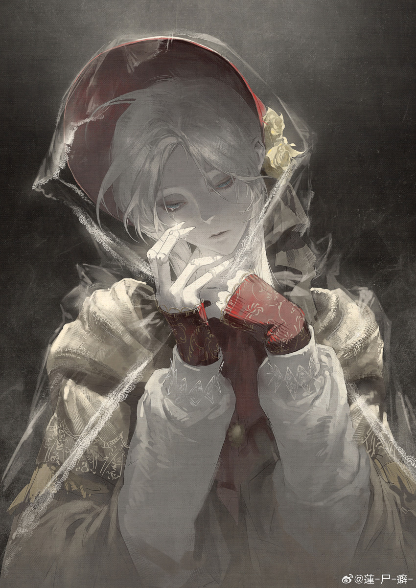 1girl absurdres ascot bloodborne blue_eyes bonnet cloak commentary_request crying doll doll_joints flower hat hat_flower highres jiao_chang joints long_sleeves plain_doll red_ascot sleeves_past_wrists tears watermark weibo_watermark white_hair