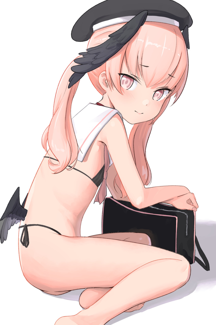 1girl ass beret bikini black_bag black_bikini black_hat blue_archive blush closed_mouth feet flat_chest hat head_wings highres koharu_(blue_archive) loli long_hair looking_at_viewer low_wings micro_bikini pink_eyes pink_hair shin_(shincrz) side-tie_bikini_bottom solo swimsuit twintails wings