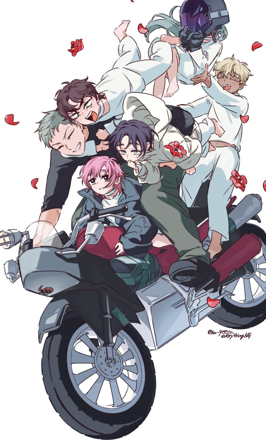 alien_stage black_eyes black_hair black_jacket black_shirt black_shoes blonde_hair child choker closed_eyes dark-skinned_male dark_skin flower green_eyes green_pants grey_hair highres hood hoodie jacket long_hair motor_vehicle motorcycle on_motorcycle pants pink_hair red_flower red_petals shirt shoes short_hair signature sitting till_(alien_stage) u_qrou very_short_hair white_choker white_hoodie white_pants white_shirt yellow_eyes