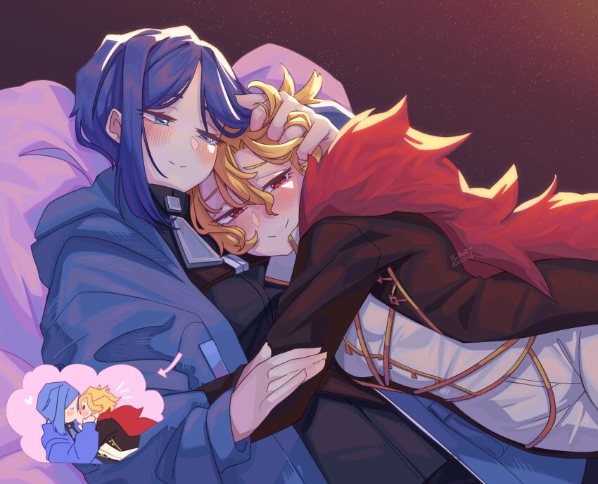 2girls arm_around_waist arrow_(symbol) bari_(project_moon) black_coat blonde_hair blue_coat blue_eyes blue_hair blush closed_mouth coat commentary commission couple cuddling don_quixote_(project_moon) english_commentary feather_boa feathers hair_between_eyes half-closed_eyes hand_in_another&#039;s_hair hand_on_another&#039;s_head happy head_on_chest heart highres holding_another&#039;s_hair hood hood_down hooded_coat jacket kiss light_particles limbus_company long_sleeves looking_at_another lying multiple_girls multiple_views open_clothes open_coat pants project_moon red_eyes red_feathers sancho_(project_moon) short_hair short_hair_with_long_locks sidelocks slit_pupils smile supacreamss white_jacket white_pants yuri zipper_pull_tab