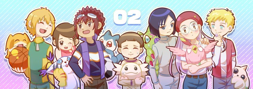 3girls 5boys ball basketball_(object) chibimon claws digimon digimon_adventure_02 gloves goggles goggles_on_head highres holding holding_ball ishida_yamato izumi_koshiro kido_jo multiple_boys multiple_girls patamon poromon red_eyes smile tachikawa_mimi tailmon takaishi_takeru takenouchi_sora terriermon upamon wallace_(digimon) wormmon yagami_hikari yagami_taichi yinlicherry