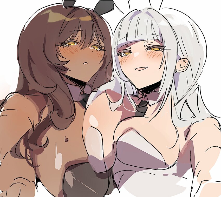 2girls 777_(nikke) animal_ear_headwear animal_ears backless_leotard black_bow black_bowtie black_leotard blanc_(nikke) bow bowtie dark-skinned_female dark_skin detached_collar fake_animal_ears goddess_of_victory:_nikke highres leotard mimlmi multiple_girls noir_(nikke) playboy_bunny rabbit_ears simple_background strapless strapless_leotard white_background white_leotard