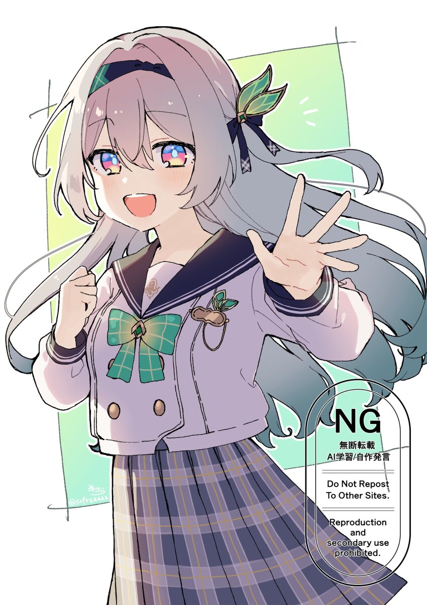 1girl :d absurdres black_hairband black_sailor_collar bow commentary firefly_(honkai:_star_rail) firefly_(spring_missive)_(honkai:_star_rail) gradient_hair green_background green_bow green_hair grey_hair grey_skirt hair_between_eyes hairband hands_up highres honkai:_star_rail honkai_(series) long_hair long_sleeves multicolored_hair notice_lines official_alternate_costume open_mouth plaid_clothes plaid_skirt pleated_skirt puffy_long_sleeves puffy_sleeves red_eyes sailor_collar school_uniform serafuku shirt skirt smile sofra solo two-tone_background very_long_hair watermark white_background white_shirt