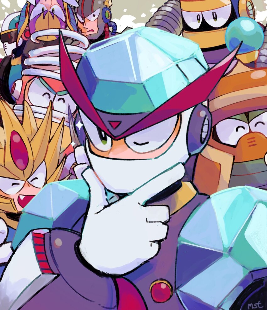 1278mkyp 6+boys burst_man cloud_man colored_sclera commentary_request covered_mouth everyone freeze_man green_eyes hand_on_own_face helmet highres junk_man looking_at_viewer male_focus mega_man_(classic) mega_man_(series) mega_man_7 multiple_boys no_mouth one_eye_closed red_sclera robot shade_man slash_man spring_man turbo_man upper_body
