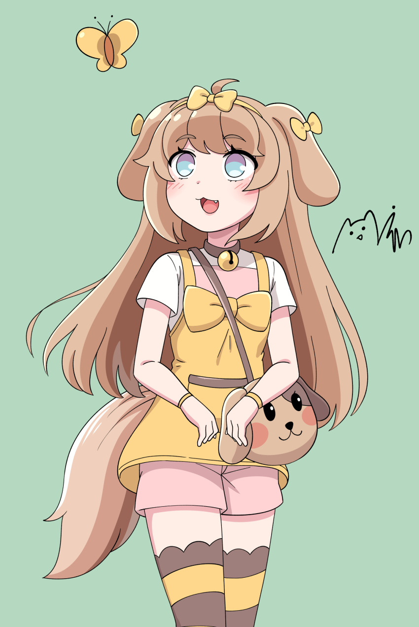 1girl :3 ahoge animal_ears bell blue_eyes blush bow brown_hair bug butter_(trickcal) butterfly collar dog_ears dog_girl dog_tail fang green_background hair_bow highres insect jingle_bell long_hair majinmallow neck_bell open_mouth pink_shorts ribbon shirt short_sleeves shorts simple_background smile solo striped_clothes striped_thighhighs tail thighhighs thighs trickcal white_shirt yellow_shirt