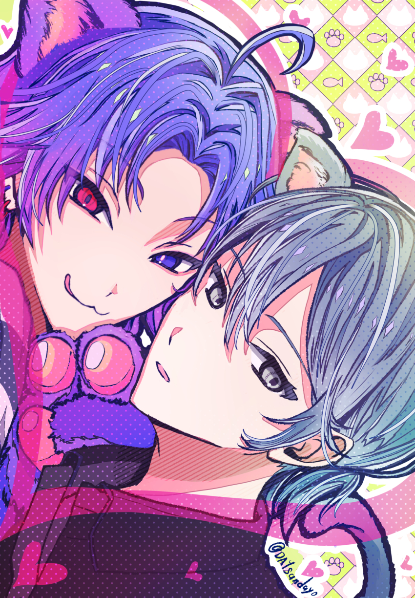 18trip 2boys :3 ahoge animal_ears animal_hands cat_ears cat_tail checkered_background daysandayo expressionless grey_hair hachinoya_nagi hair_between_eyes half_updo heart heterochromia highres looking_at_viewer medium_hair multiple_boys open_mouth parted_bangs paw_print paw_print_background purple_hair tail tongue tongue_out yowa_netaro
