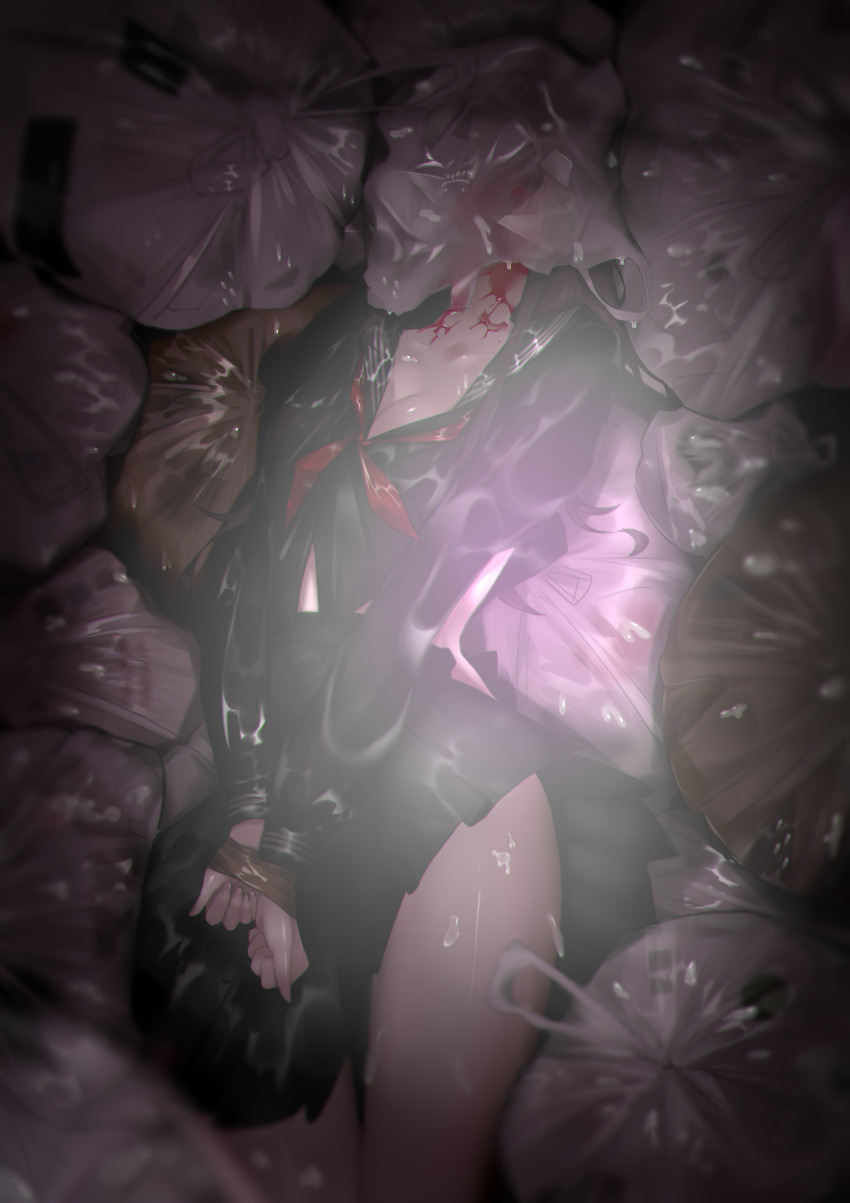 1girl absurdres asphyxiation bag black_sailor_collar black_serafuku black_shirt black_skirt blood blood_on_face bound bound_wrists breasts brown_hair cleavage collarbone commentary_request cowboy_shot death highres long_hair long_sleeves mano_aaa medium_breasts miniskirt neckerchief original plastic_bag pleated_skirt red_neckerchief sailor_collar school_uniform serafuku shirt skirt solo taped_hands trash_bag wet