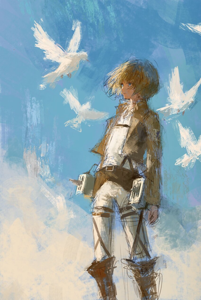 1boy armin_arlert bird blonde_hair blue_eyes blue_sky closed_mouth cowboy_shot dove fuyumurasaki highres male_focus painterly paradis_military_uniform shingeki_no_kyojin short_hair sky solo white_bird