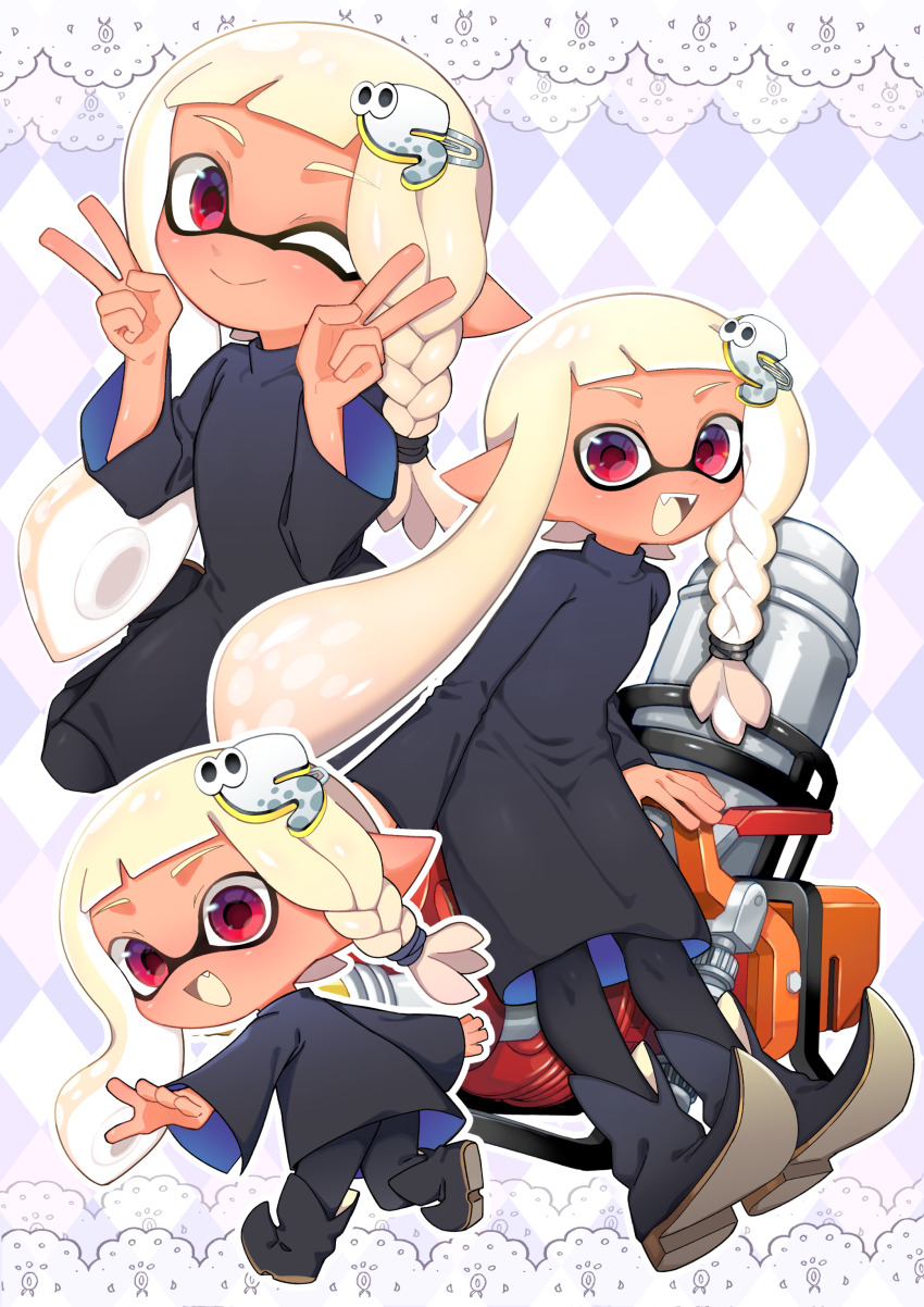 1girl absurdres black_boots black_dress black_pants blonde_hair boots braid chibi chibi_inset closed_mouth colored_tongue commentary commission dark-skinned_female dark_skin double_v dress earclip english_commentary fangs hands_up highres hydra_splatling_(splatoon) inkling inkling_girl inkling_player_character long_hair long_sleeves minamidena mixed-language_commentary multiple_views nintendo one_eye_closed open_mouth outline pants pixiv_commission pointy_ears pointy_footwear red_eyes single_braid smile splatoon_(series) tentacle_hair textless_version v white_outline wide_sleeves yellow_tongue