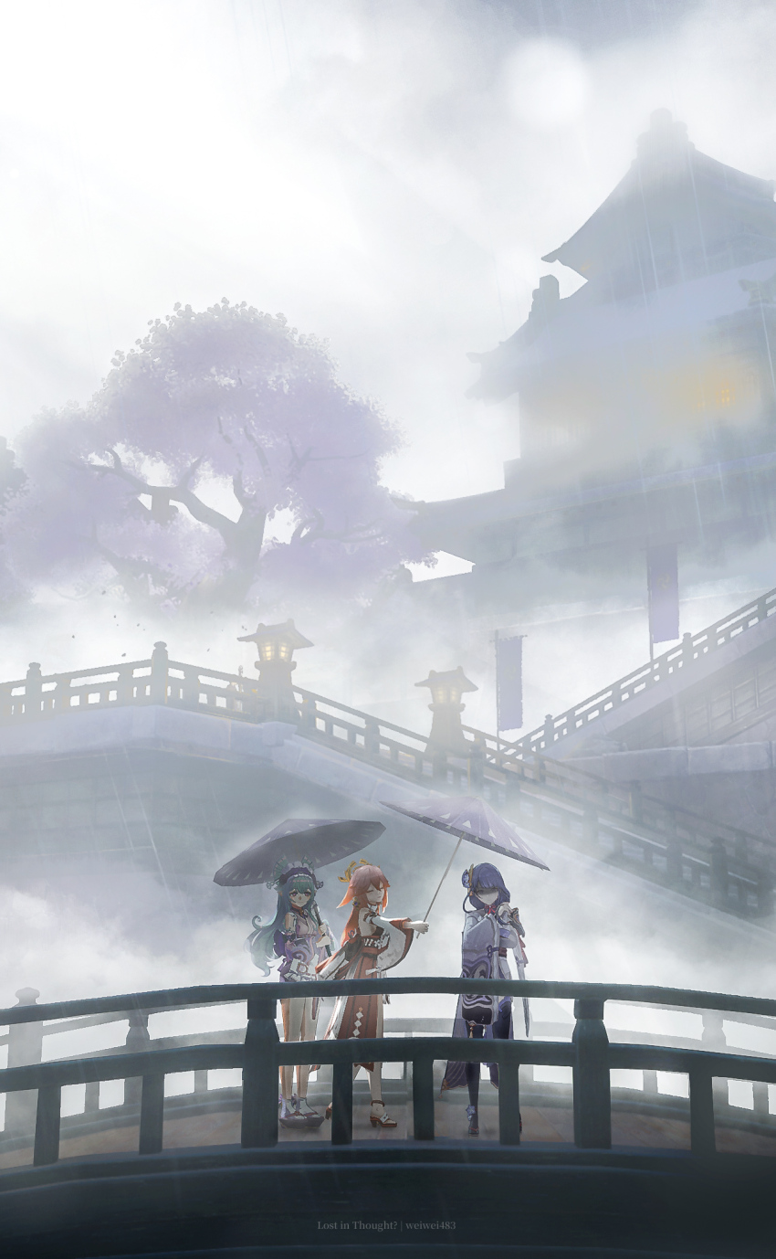 3d animal_ears aqua_hair bridge fog fox_ears full_body genshin_impact highres holding holding_umbrella japanese_clothes kimono miko outdoors pink_hair purple_hair purple_kimono raiden_shogun short_kimono standing sunlight tree umbrella weiwei483 yae_miko yumemizuki_mizuki