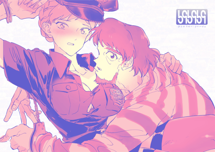 1boy 1girl alternate_costume arm_up beard blush braid breast_pocket breasts button_gap cleavage collarbone collared_shirt commentary_request contemporary couple crown_braid cuffs embarrassed facial_hair hand_on_another&#039;s_back handcuffs hat hetero hug kaze_no_tani_no_nausicaa kurotowa kushana large_breasts long_sleeves looking_at_viewer nose_blush parted_lips pocket police police_badge police_hat police_uniform policewoman prison_clothes profile serizawa_nae shirt short_hair short_sleeves striped_clothes striped_shirt thighhighs twitter_username white_background wing_collar