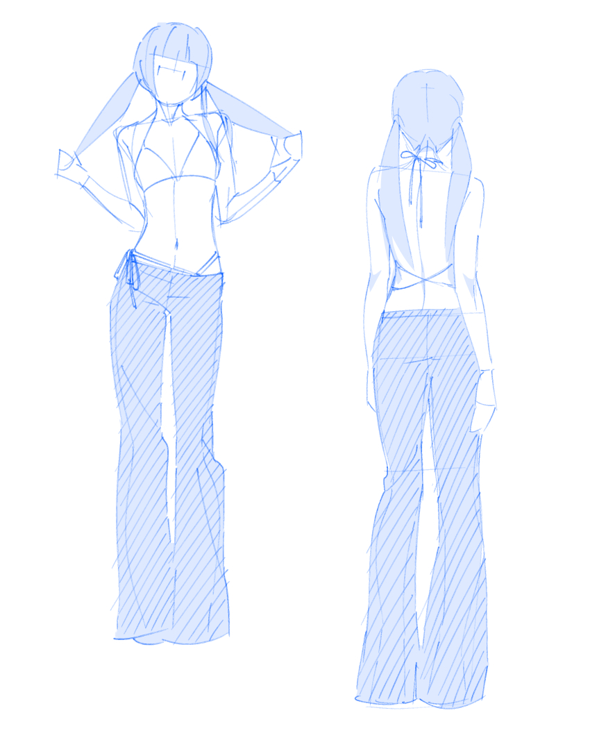 1girl absurdres blue_theme blunt_bangs guide highres how_to monochrome navel original pants see-through_clothes seomanii short_hair standing