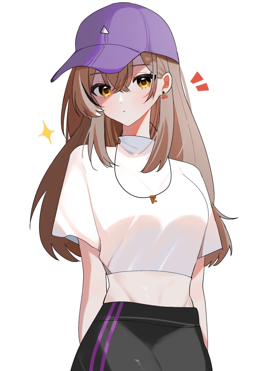 1girl baseball_cap berry brown_hair casual closed_mouth crop_top dot_mouth earrings fashion food-themed_earrings hana20000920 hat highres hololive hololive_english jewelry long_hair looking_at_viewer midriff multicolored_hair nanashi_mumei necklace notice_lines pants purple_hat shirt sparkle streaked_hair streetwear turtleneck very_long_hair virtual_youtuber white_shirt yoga_pants