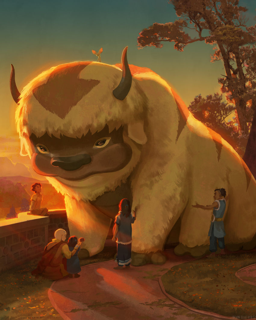 2girls 3boys aang aged_down aged_up appa avatar:_the_last_airbender avatar_legends bald beard bison brother_and_sister brown_hair bumi_(the_legend_of_korra) dark-skinned_female dark-skinned_male dark_skin devin_elle_kurtz facial_hair family father_and_daughter father_and_son highres horns hug katara kya_(the_legend_of_korra) light_rays momo_(avatar) mother_and_daughter mother_and_son mountain mountainous_horizon multiple_boys multiple_girls ponytail pregnant siblings smile sokka sunlight the_legend_of_korra tree