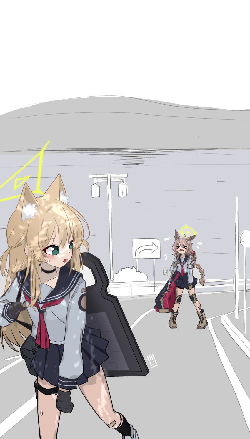 &gt;_&lt; 2_pycat 2girls absurdres animal_ears blonde_hair blue_archive blue_skirt brown_hair fox_ears fox_girl green_eyes green_halo halo highres kurumi_(blue_archive) multiple_girls neckerchief otogi_(blue_archive) red_neckerchief school_uniform serafuku shirt skirt thighs white_shirt