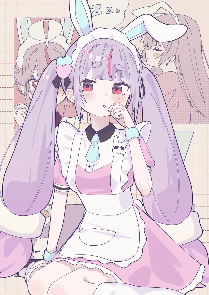 ! 1girl absurdres alternate_costume animal_ear_headband animal_ears apron blue_necktie blunt_bangs cattleya_regina_games dress fake_animal_ears gradient_hair grid_background hair_ornament heart heart_hair_ornament highres maid maid_apron maid_headdress multicolored_hair necktie pink_dress pink_hair puffy_short_sleeves puffy_sleeves purple_hair rabbit_ears red_eyes shimoyake_(lethal_penguin) short_necktie short_sleeves sitting socks solo sparkling_eyes streaked_hair thick_eyebrows tosaki_mimi twintails virtual_youtuber vspo! wariza white_socks wrist_cuffs zzz