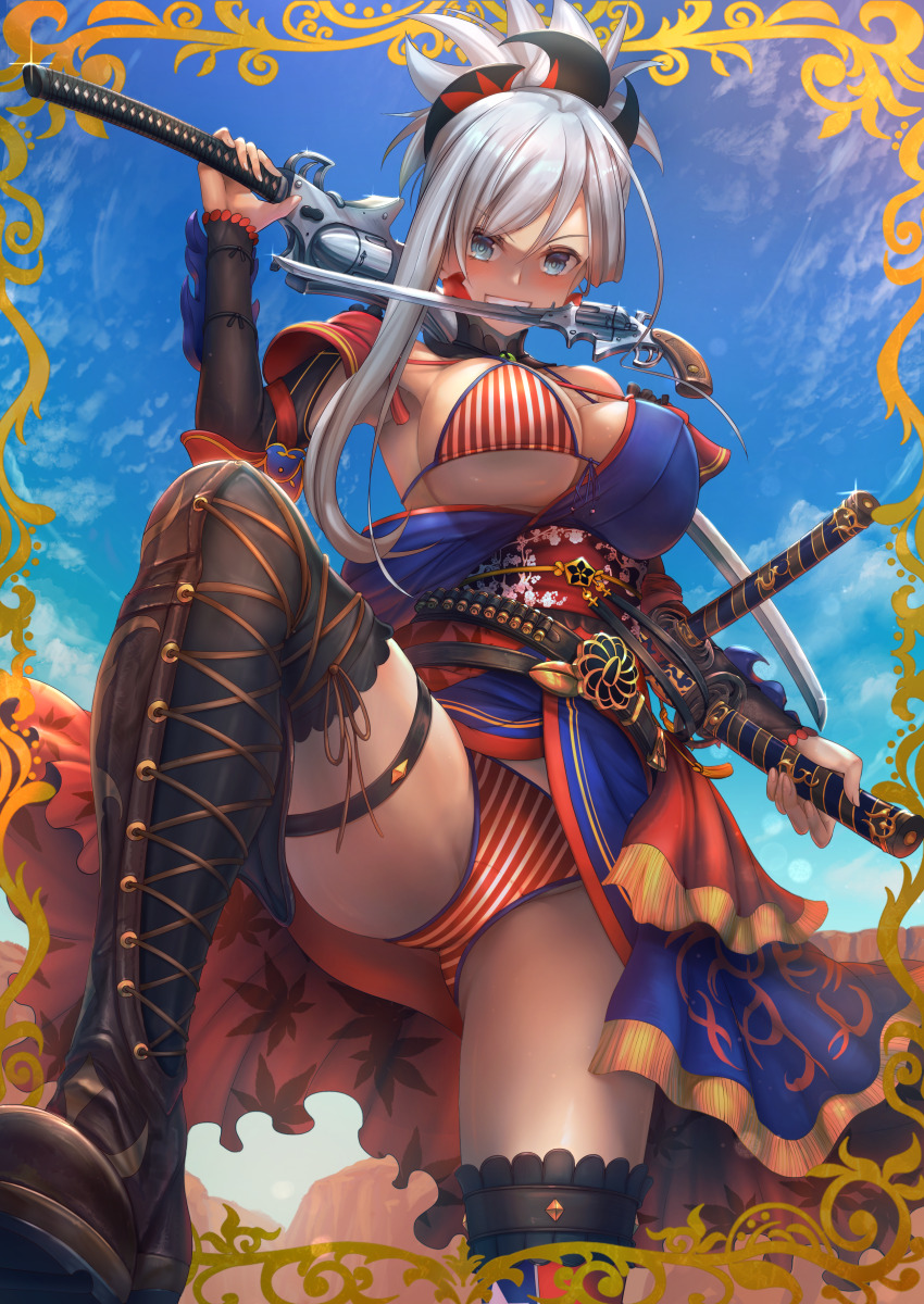 1girl absurdres american_flag american_flag_bikini american_flag_print ammunition ammunition_belt bikini blue_eyes boots breasts dai_toro fate/grand_order fate_(series) flag_print flag_print_bikini from_below gold_border gun gunblade handgun highres holding holding_sheath holding_sword holding_weapon holster knee_up lace-up_boots large_breasts looking_down miyamoto_musashi_(fate) miyamoto_musashi_(fate/grand_order) miyamoto_musashi_(swimsuit_berserker)_(fate) miyamoto_musashi_(swimsuit_berserker)_(second_ascension)_(fate) multiple_swords panties print_bikini red_sleeves revolver sheath sky striped_clothes striped_panties swimsuit sword sword_in_mouth thighhighs underwear weapon white_hair