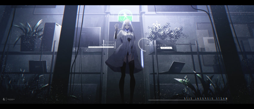 1girl arm_at_side artist_name black_gloves black_thighhighs blue_eyes breasts cable coat code:qualia commentary_request computer door exit_sign feet_out_of_frame gloves glowing grey_hair hair_between_eyes hair_ornament hand_up highres indoors laptop leotard letterboxed long_hair long_sleeves looking_at_viewer lucia_(code:qualia) medium_breasts parted_lips partially_fingerless_gloves plant potted_plant sign solo standing thighhighs white_coat wide_shot yoaferia