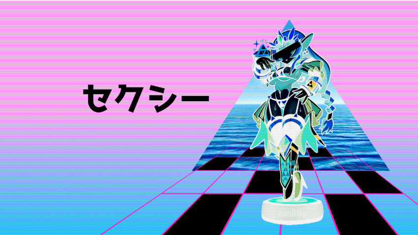 1girl alternate_costume amiibo artist_request bar_censor bikini boots bracelet braid breasts censored figure full_body gradient_background hand_on_own_hip high_heels highres inverted_colors jewelry large_breasts navel nintendo panties princess_zelda sweat swimsuit the_legend_of_zelda translation_request triangle underwear vaporwave